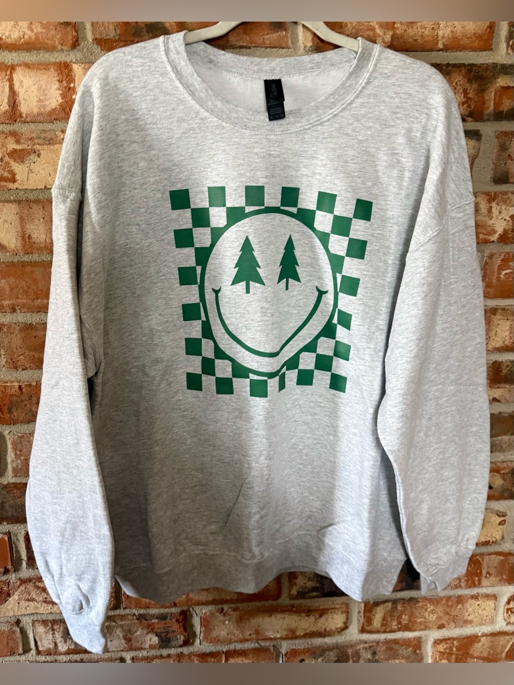 Gildan Gray Crewneck Sweatshirt with Green Checkerboard Smiley Tree Graphic